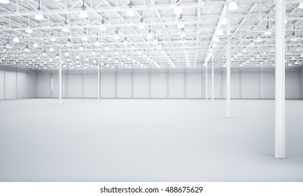 Clean White Empty Warehouse 3D Rendering