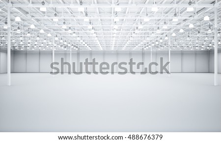 Clean White empty warehouse 3D rendering