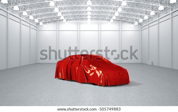 Clean white empty warehouse covered car\
launch 3D\
illustration