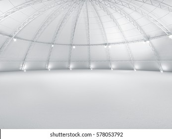 Clean white empty warehouse dome exhibition space car stage 3d illustration