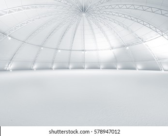 Clean white empty warehouse dome exhibition space car stage 3d illustration