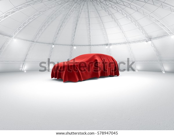 清潔な白い倉庫のドーム展示スペースカーのステージカー発売 赤い布地のリビールの下 3dイラスト のイラスト素材