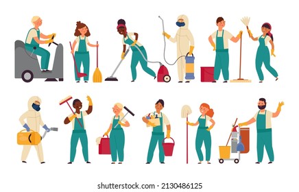 Cleaner workers. Housework girl, cleaning service worker. Cartoon housekeeping, woman holding mop. Smiling male female staff decent set - Powered by Shutterstock