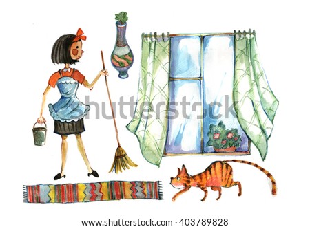 cleaning of the apartment, the lady with a broom, window, cat, watercolor