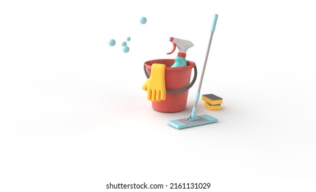 Cleaning Background. Cleaning Products : Bottle Sprayer And Rubber Gloves In Bucket , Mop, Sponge  Isolated On White Background. 3d Illustration