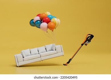 Cleaning Before Setting Up New Furniture. A Sofa With Balloons And A Vacuum Cleaner On A Yellow Background. 3D Render.