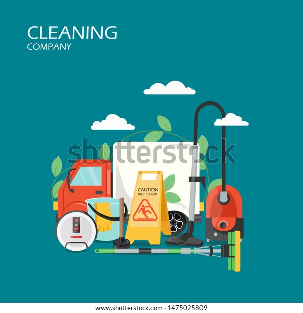Cleaning\
company services flat illustration. Vacuum cleaner, caution wet\
floor sign, car, bucket, sponge mop. Floor cleaning equipment\
concept for web banner, website page\
etc.