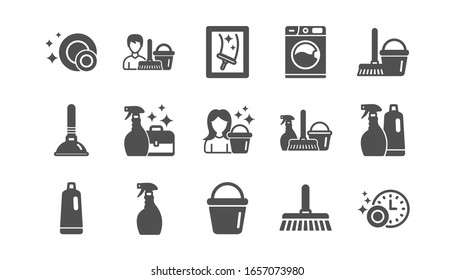 Cleaning Icons. Laundry, Window Sponge And Vacuum Cleaner. Washing Machine Classic Icon Set. Quality Set.