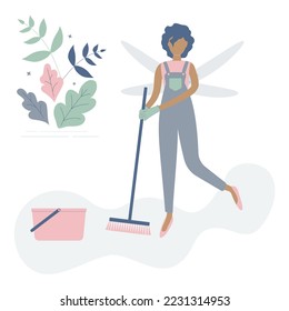 Cleaning lady is Afro woman or girl like fairy with wings with brush and bucket.Cute maid of beautiful leaves.Raster illustration.Advertising of cleaning services,cleaning company logo,flyers,flyers - Powered by Shutterstock