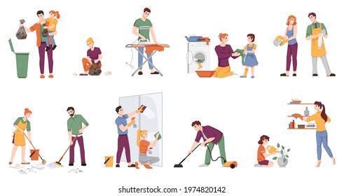 Cleaning people set isolated man and woman with children doing housework chores. couple washing window, ironing, doing laundry, sweeping floor, watering plants, take out rubbish, vacuum cleaner - Powered by Shutterstock