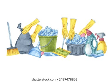 Cleaning scene with hands in yellow rubber gloves. Watercolor clipart for cleaning services, housekeeping businesses, digital content, classroom posters, brochures, website banners, promotional flyers - Powered by Shutterstock