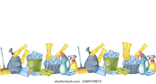 Cleaning scene with hands in yellow rubber gloves. Watercolor seamless border. Dynamic clipart for cleaning services, housekeeping businesses, digital content, website banners, promotional flyers - Powered by Shutterstock