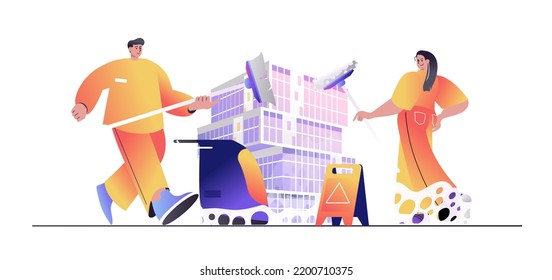 Cleaning Service Concept For Web Banner. Man And Woman Employees With Mops Clean Office Spaces Or Do Housework Modern People Scene. Illustration In Flat Cartoon Design With Person Characters