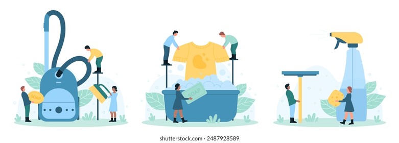 Cleaning service and laundry set illustration. Cartoon tiny people housekeeping, professional janitors clean home with vacuum cleaner and mop, brush and detergent in bottle, wash dirty clothes - Powered by Shutterstock