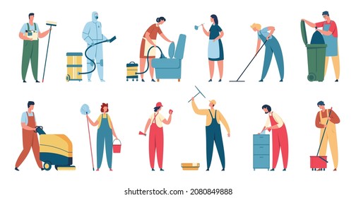 Cleaning service. Professional cleaners in uniform with cleaning equipment. Domestic cleaner, janitor clean house or office  set. Staff or workers with tools for household chores - Powered by Shutterstock