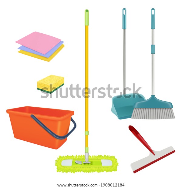 Cleaning service.\
Realistic equipment for laundry home floor brush bucket broom\
sterile bathroom cleaner\
set