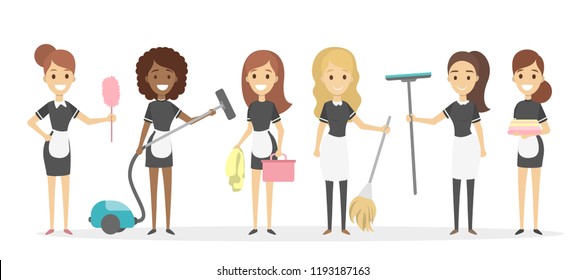 Cleaning service set. Different maids with equipment. - Powered by Shutterstock