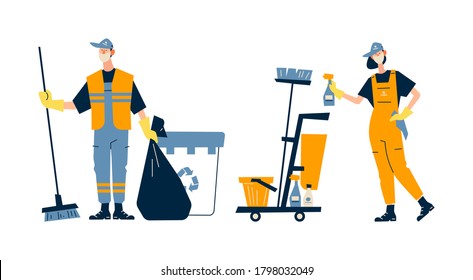 Cleaning service. Woman dressed in uniform  with cleaning equipment on isolated background. Illustration in a flat style. - Powered by Shutterstock