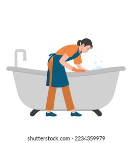 Cleaning service worker washing the bathtub. Woman in the uniform working. Female person doing domestic work, cleaning bathroom. - Powered by Shutterstock