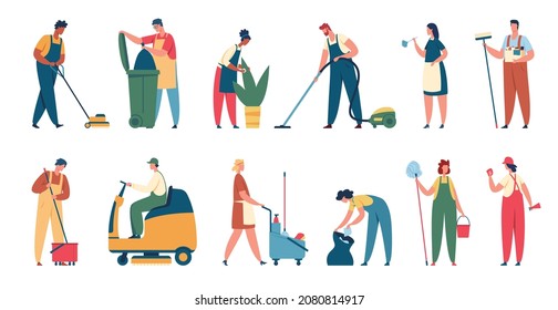 Cleaning service workers. Professional cleaner clean office or house with equipment. Housekeeping services, domestic cleaners, janitors  set. Company employees with detergents and tools - Powered by Shutterstock