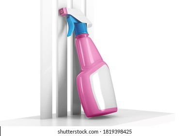 Cleaning Spray Bottle On A Shelf Mockup. 3D Rendering.