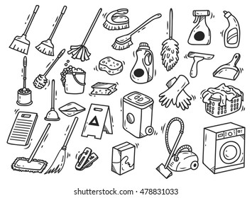 Cleaning Supplies Doodle Isolated On White Stock Vector (Royalty Free ...