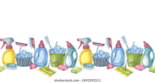 Cleaning toolkit seamless border. Watercolor banner clipart for cleaning services, housekeeping businesses, digital content, classroom posters, brochures, social media, promotional flyers - Powered by Shutterstock