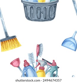 Cleaning tools seamless pattern with a collection of brooms, dustpans, and trash cans. Watercolor clipart for designing housekeeping manuals, laundry room decor, or cleaning service advertisements