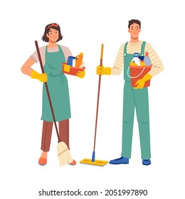 Cleaning workers isolated flat cartoon characters man and woman in uniform. professional staff, domestic cleaner and washing equipment. Home clean, housework service or housekeeping janitors - Powered by Shutterstock