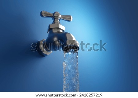 Clear drinking water flowing from an old-fashioned water tap on blue wall. 3D illustration of the concept of water supply and natural resources 商業照片 © 