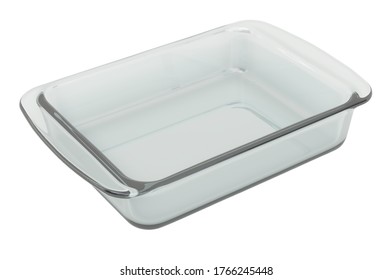 Clear Glass Baking Dish, Rectangular Shape. 3D Rendering Isolated On White Background 