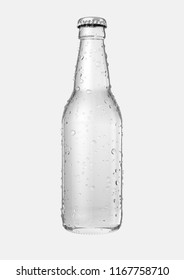 A clear glass beer bottle with droplets of condensation on an isolated white studio background - 3D render