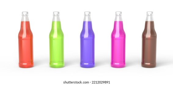 Clear Glass Bottles With Different Soft Drinks Soda, Cola And Lemonade. Realistic Set Of Fizzy Beverages With Red, Green, Purple, Pink And Brown Liquid Or Water On White Background. 3D Illustration