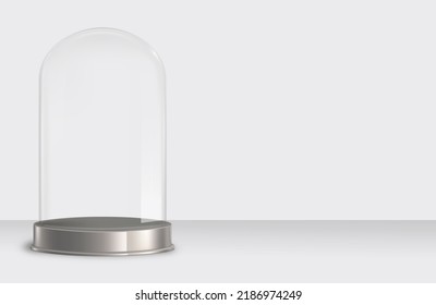 Clear Glass Dome With Gray Tray Gray Background, Glass Dome To Showcase Your Products, 3D Rendering.