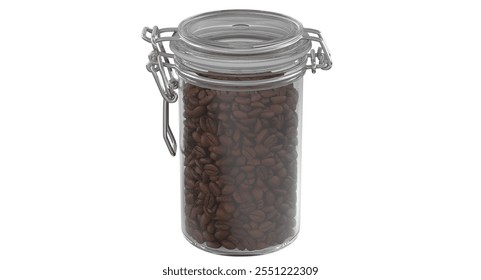 A clear glass jar filled with roasted coffee beans, showcasing its contents for storage or display. - Powered by Shutterstock