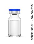 Clear glass vial with a blue cap containing a colorless liquid isolated on white background. 3D rendering illustration.