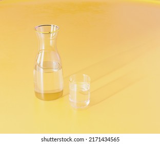 Clear glass of water and carafe on bright yellow surface, 3d rendering 