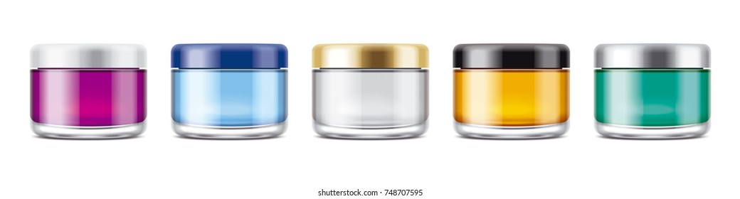 Clear Jar Mockup For Cosmetic Cream Or Gel. Transparent Jars Set.