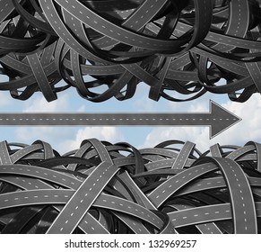 Clear Path Business Success Concept With A Group Of Tangled And Confused Three Dimensional Roads And An Individual Highway Shaped As An Arrow Breaking Free From The Clutter And Moving Forward.