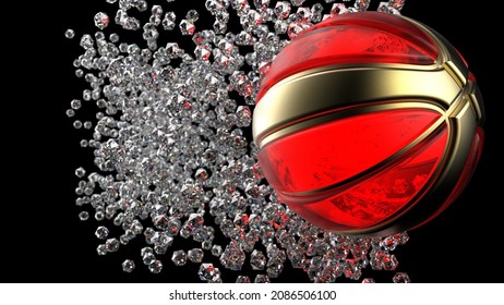 Clear Red-Gold Basketball with Diamond Particles under black lighting background. 3D illustration. 3D high quality rendering.