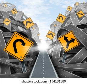 Clear Strategic Solution For Business Leadership With A Straight Path To Success Choosing The Right Strategy Path With Yellow Traffic Signs Cutting Through A Maze Of Tangled Roads And Highways.