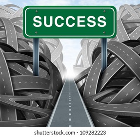 Clear Strategy And Financial Planning Road With A Green Highway Sign And The Word Success As A Business Concept Of Winning Solutions Cutting Through Adversity As Tangled Paths Of Confusion And Chaos.