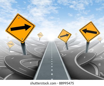 Clear strategy and solutions for business leadership with a straight path to success choosing the right strategic path with yellow traffic signs cutting through a maze of tangled roads and highways.
