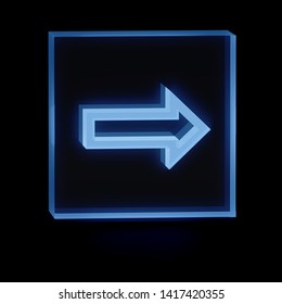 Clear Transparent Glass Or Plexiglass Display With Luminous Right Arrow Symbol Or Direction Pointer Inside On Dark Background, 3D Rendered Image