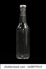 Clear White Glass Bottle Long Neck with Liquid. 12 oz (11 oz) or 355 ml (330 ml) of Volume. 3D Render Isolated on Black Background.