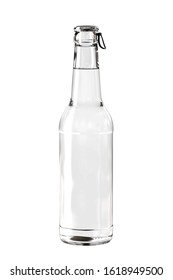 Clear White Glass Long Neck Beer, Cider Or Soda Bottle With Easy Open Ring Pull Cap. 12oz (11oz) Or 355ml (330ml) Volume. Realistic 3D Mockup Isolated On White Background Close-Up.