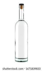 Clear White Glass Vodka, Gin, Rum or Tequila Bottle with Liquid and Cork. 3D Illustration Isolated on White Background.