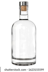 Clear White Glass Whiskey, Vodka, Gin, Wine, Tincture, Moonshine or Tequila Bottle with Metallic Cap. 3D Render Isolated on White.