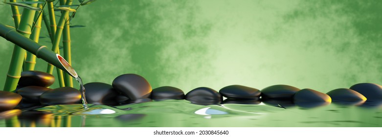 Clearwater flows out of bamboo sections. The shiny black stones overlap side lakes. The background is green and yellow waves like water waves. Spa-style images. 3D Rendering