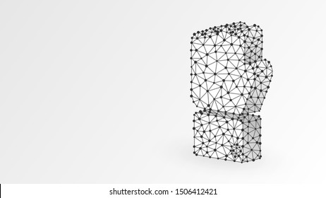 Clenched Fist Model. Business Strenght, Human Power, Success Concept. Abstract, Digital, Wireframe, Low Poly Mesh, Raster White Origami 3d Illustration. Line, Dot Star